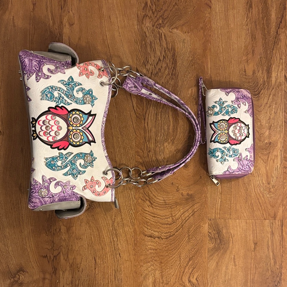 Charming Owl Design Shoulder Bag Set - Purple and Cream Conceal Carry purse!!